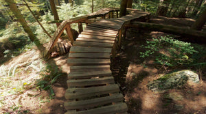 Header image for Pick A Part How to Ride Ladder Bridges article. Image is a wooden ladder mountain bike trail feature.